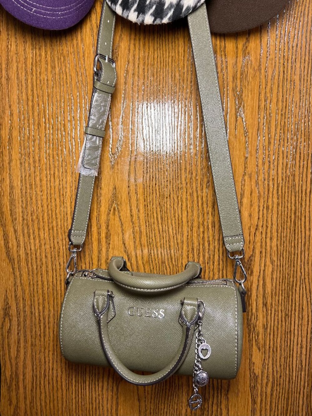 New With Tags Guess Anessa Olive Barrel Bag With Silver Bag Charm Style EE994008